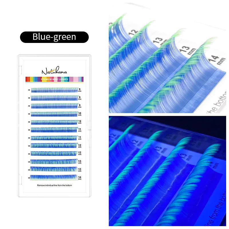NATUHANA UV Glow Eyelash Extensions Fluorescent Neon Lashes Qme UV Blue Green D 0.07mm|8-14 Mixed
