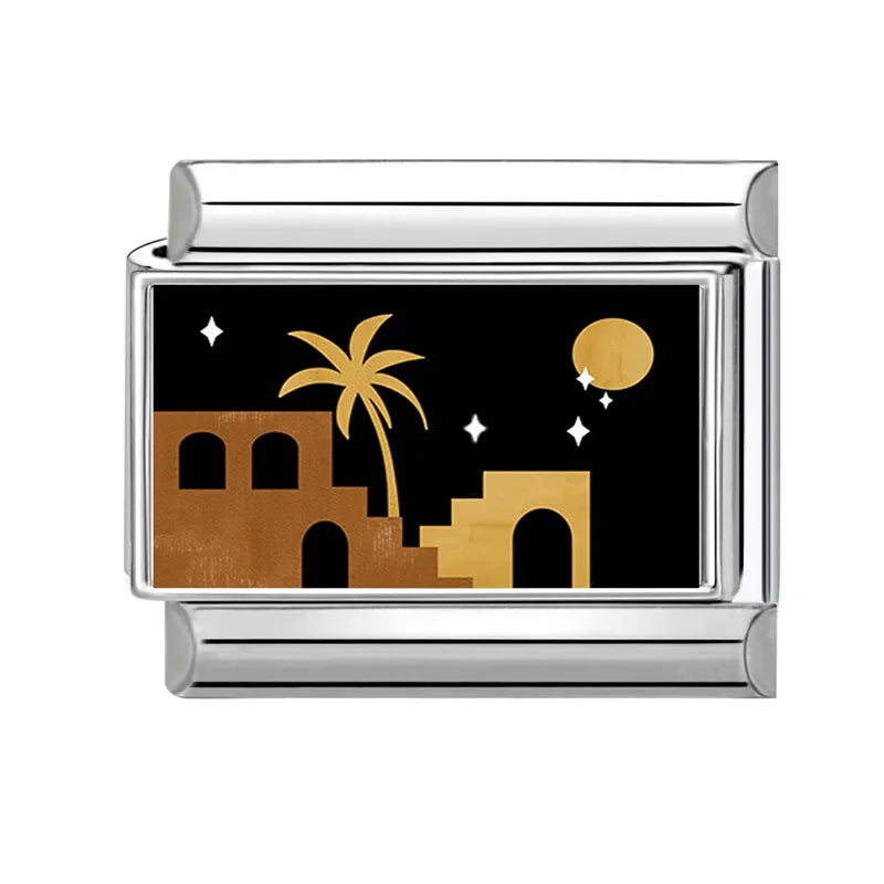 Vintage Black Night Stars Moon Coconut Trees House Flowers Italian Charm Links Fit 9MM Bracelet Stainless Steel DIY Making Gifts Qme Style 30