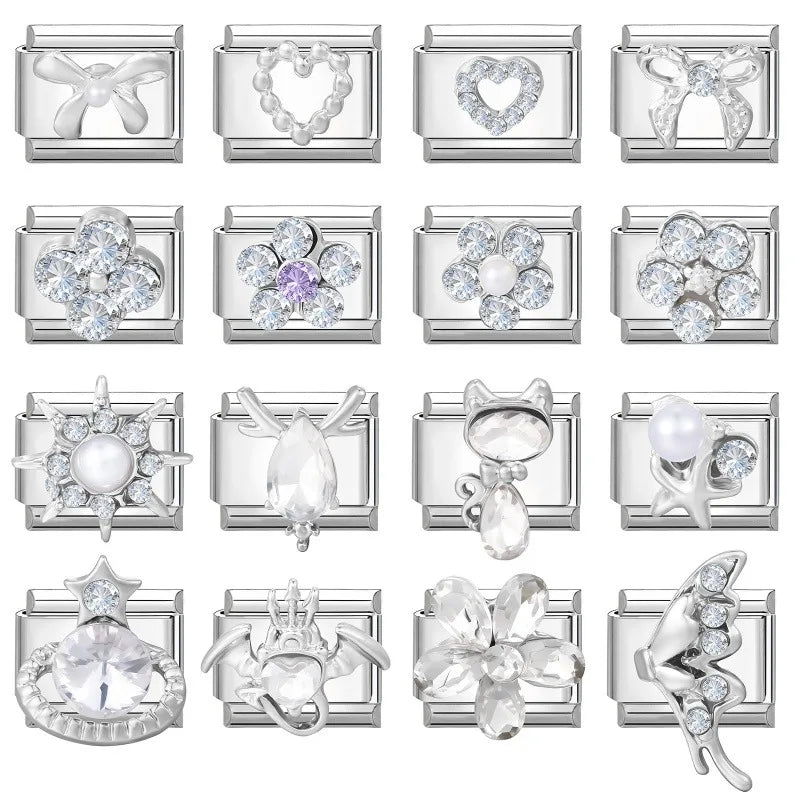 Fashion Love Heart Demon Wing Lovely Cat Elk Bowknot Shiny CZ Italian Links Charm Fit 9mm Stainless Steel Bracelet Making Gifts Qme