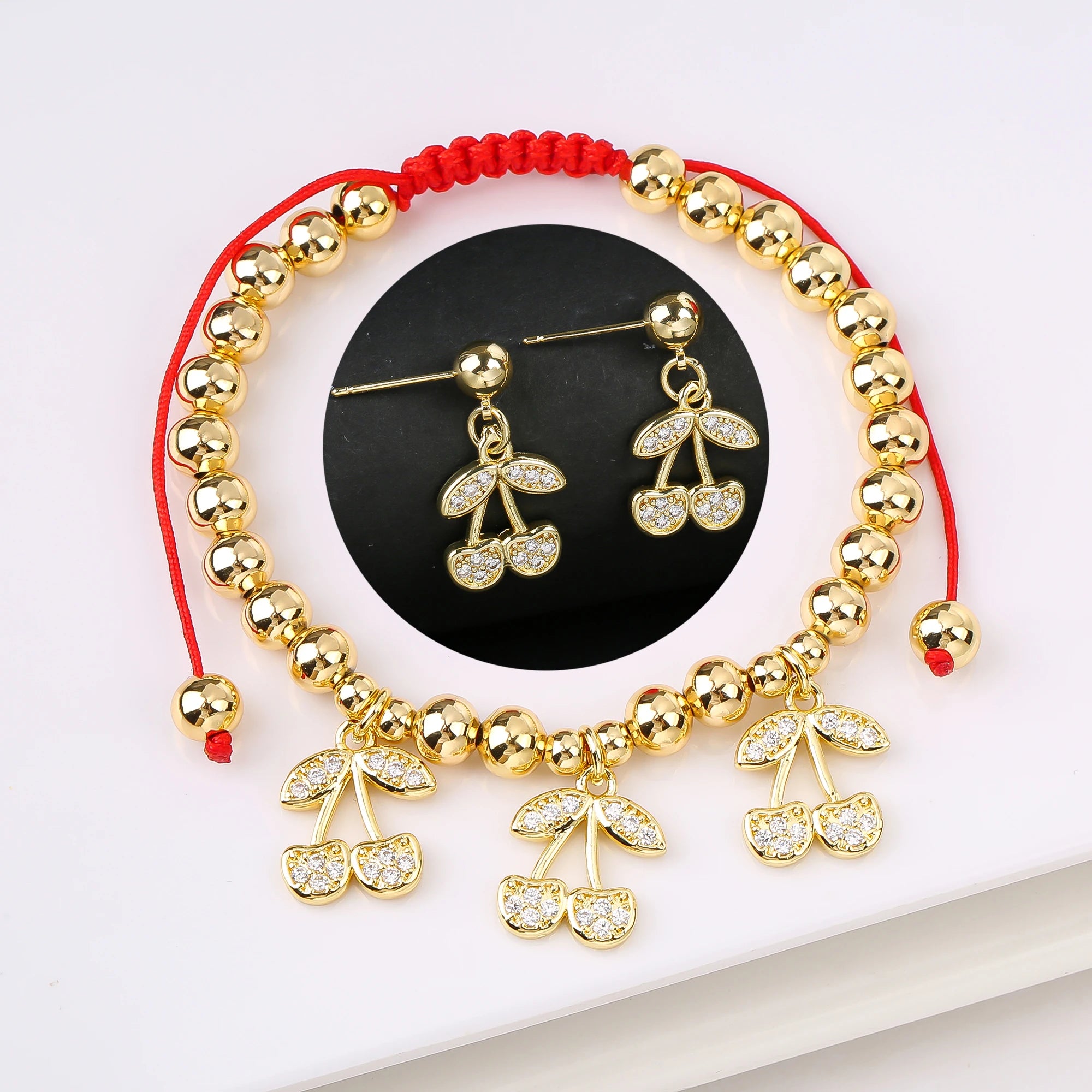 2PCS Trendy Red Cherry Strawberry Bracelet Earring Fruit Set for Women Casual Vacation Zirconia Jewelry Girls Lucky Gift Qme Jewelry Set 8