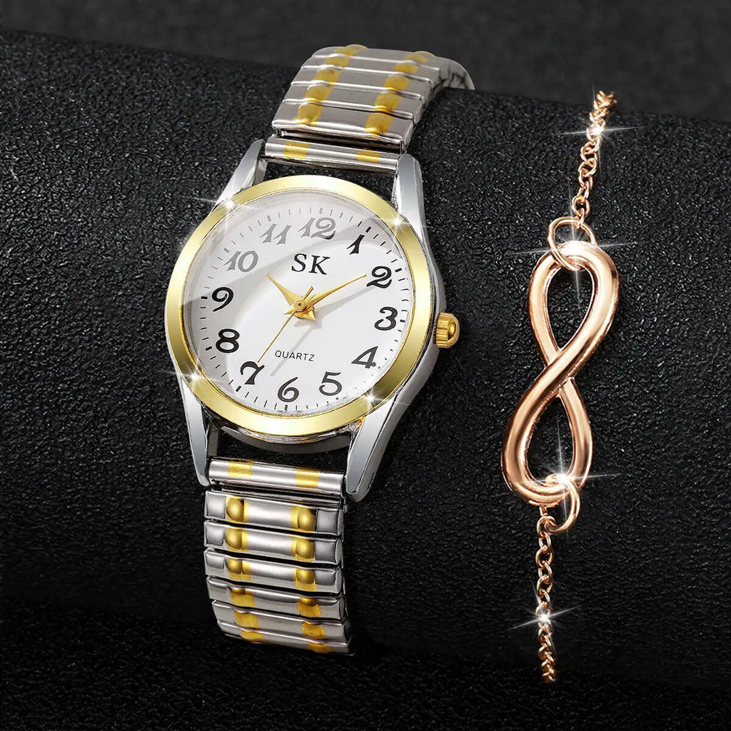 2PCS Two piece set of women's digital watch infinite symbol thin bracelet with gold stretch steel strip, not including gift box Qme