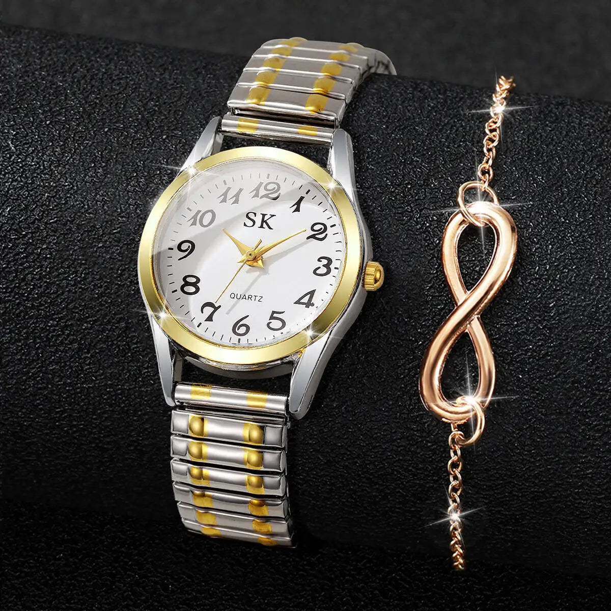 2PCS Two piece set of women's digital watch infinite symbol thin bracelet with gold stretch steel strip, not including gift box Qme