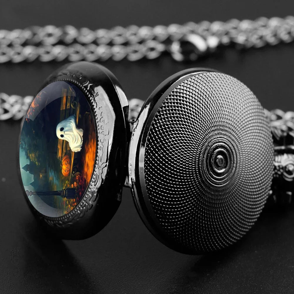 Halloween Cosplay Ghost Glass Dome Quartz Pocket Watch With Durable Chain Arabic Numeral Dial Creative Gifts for Men Women Qme