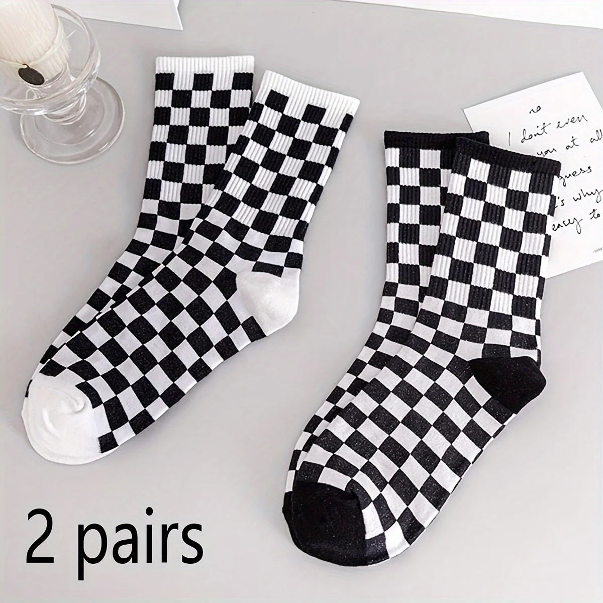 Fashion Harajuku Trends Checkerboard Socks,Black & White Geometric Checkered Socks, Hip Hop Cotton Print Skateboard Sock,Novelty Qme 2 Pairs One Size