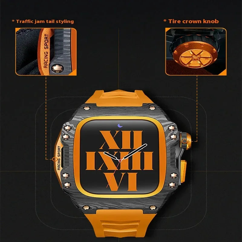 Modified Carbon Fiber Protective waterproof Case with Band strap Black metal bezel for iWatch Apple Watch series 7 8 9 44mm 45mm Qme
