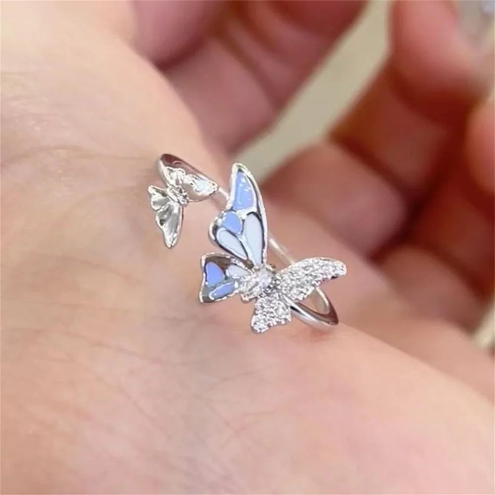 Blue Double Butterfly Open Ring with High Beauty New Vintage Light Luxury Fairy Style Versatile Finger Ring Qme