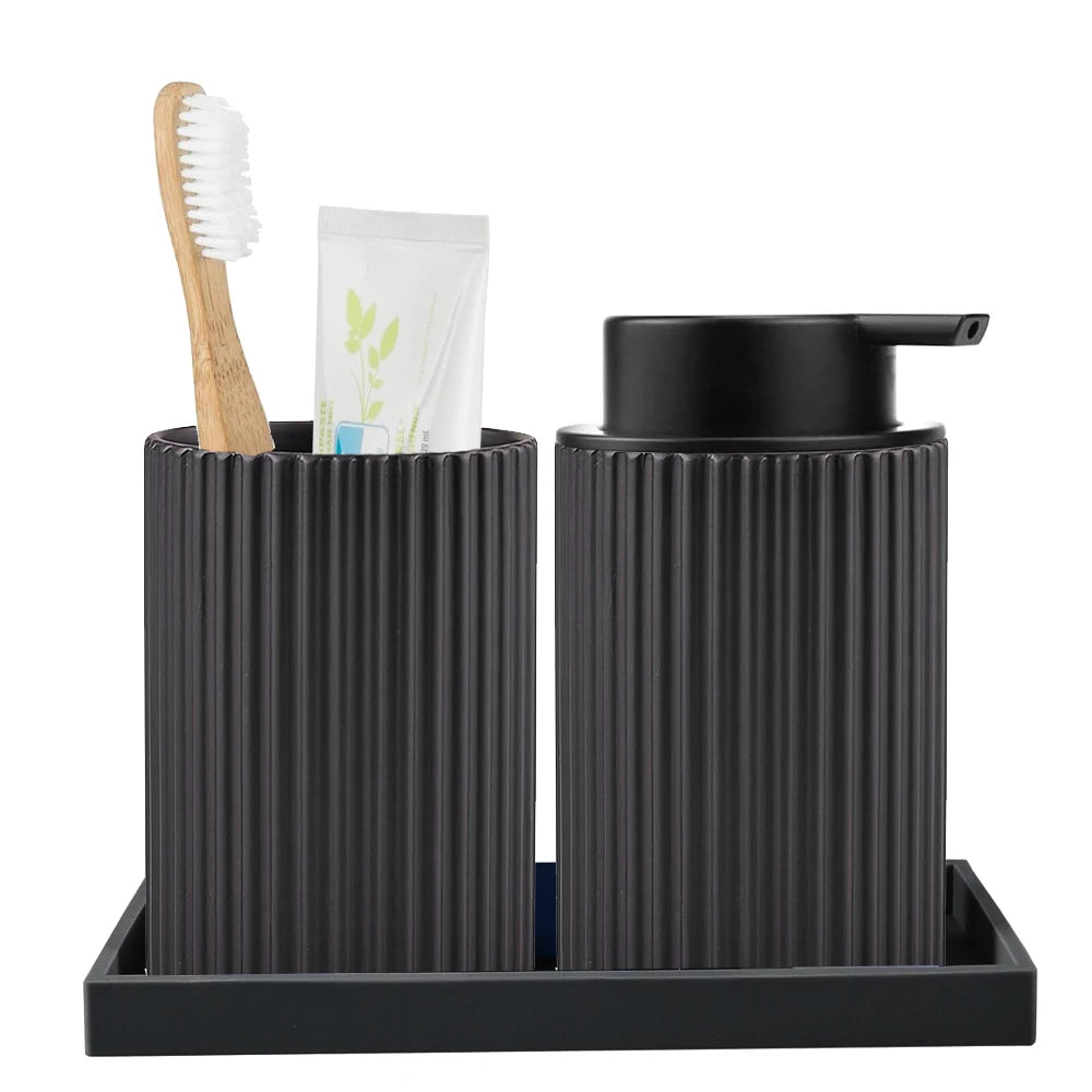 Foaming Soap Dispenser Set with Toothbrush Holder Silicone Tray Modern Black Foaming Dispenser Bottle for Hands Dishes Qme