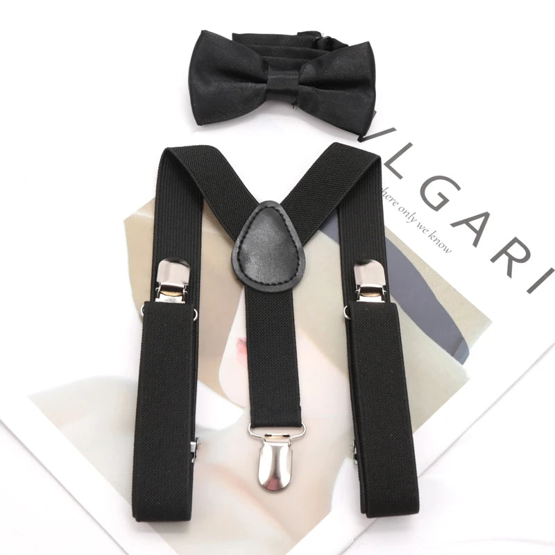 Kids Suspenders for Pants Bowtie Set Matching Tuxedo Suit Boy Girl Childs Black Adjustable Y-Back Brace Belt Wedding Accessories Qme