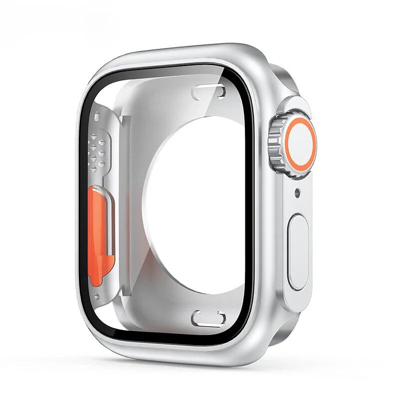 PC Case for Apple Watch Series 9 8 7 4 5 6 SE 45 44 Screen Protector Hard Shell Tempered Glass Change To Ultra 49mm cover Bumper Qme Silver 40mm