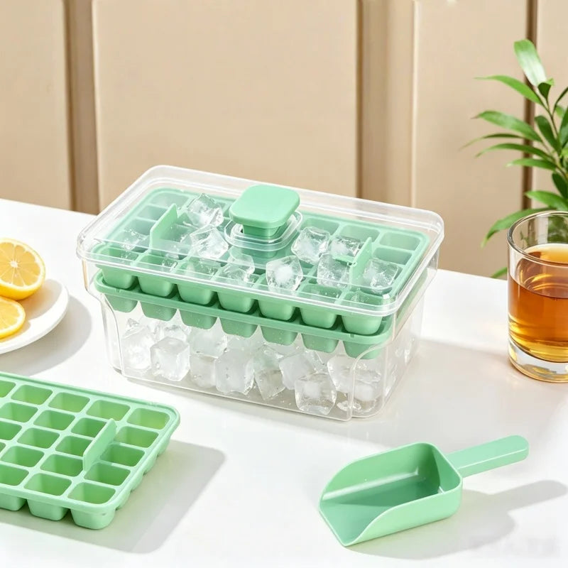 Double-layer 68-grid Push-type Deicing Ice Cube Tray with Storage Box Portable Ice Box with Ice Shovel Household Ice Making Set Qme