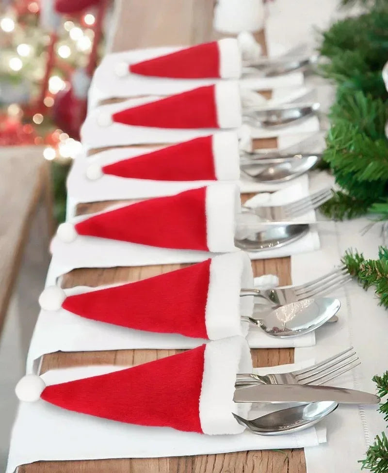 Christmas Tableware Bag Holder Mini Christmas Hat Fork Knife Cutlery Bag Xmas Ornament Decor Merry Christmas Decoration Qme