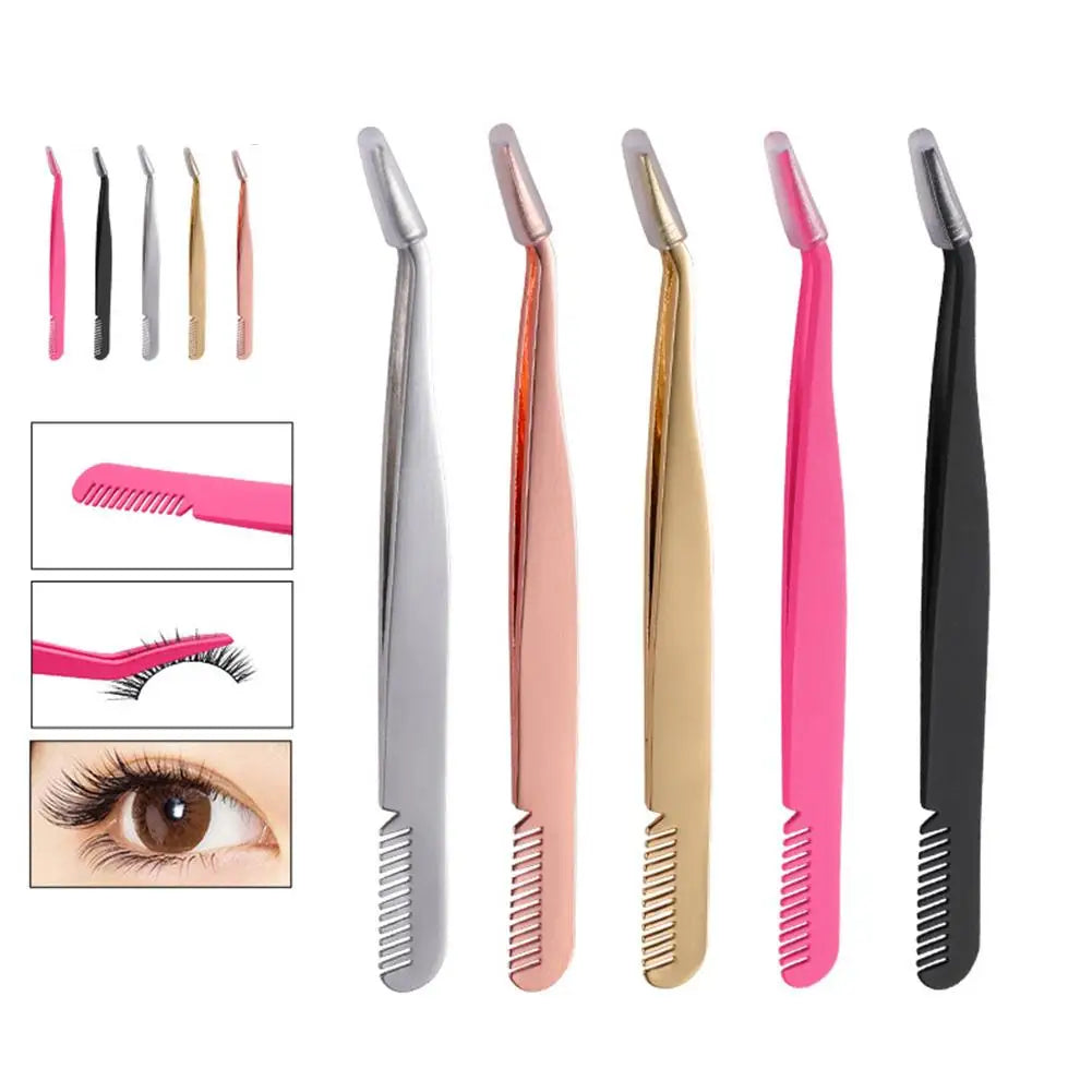 Eyelash Tweezers Steel Eyelash Extension Tweezer with Comb False Lash Application Tool for Girls Women Beginner Makeup Qme