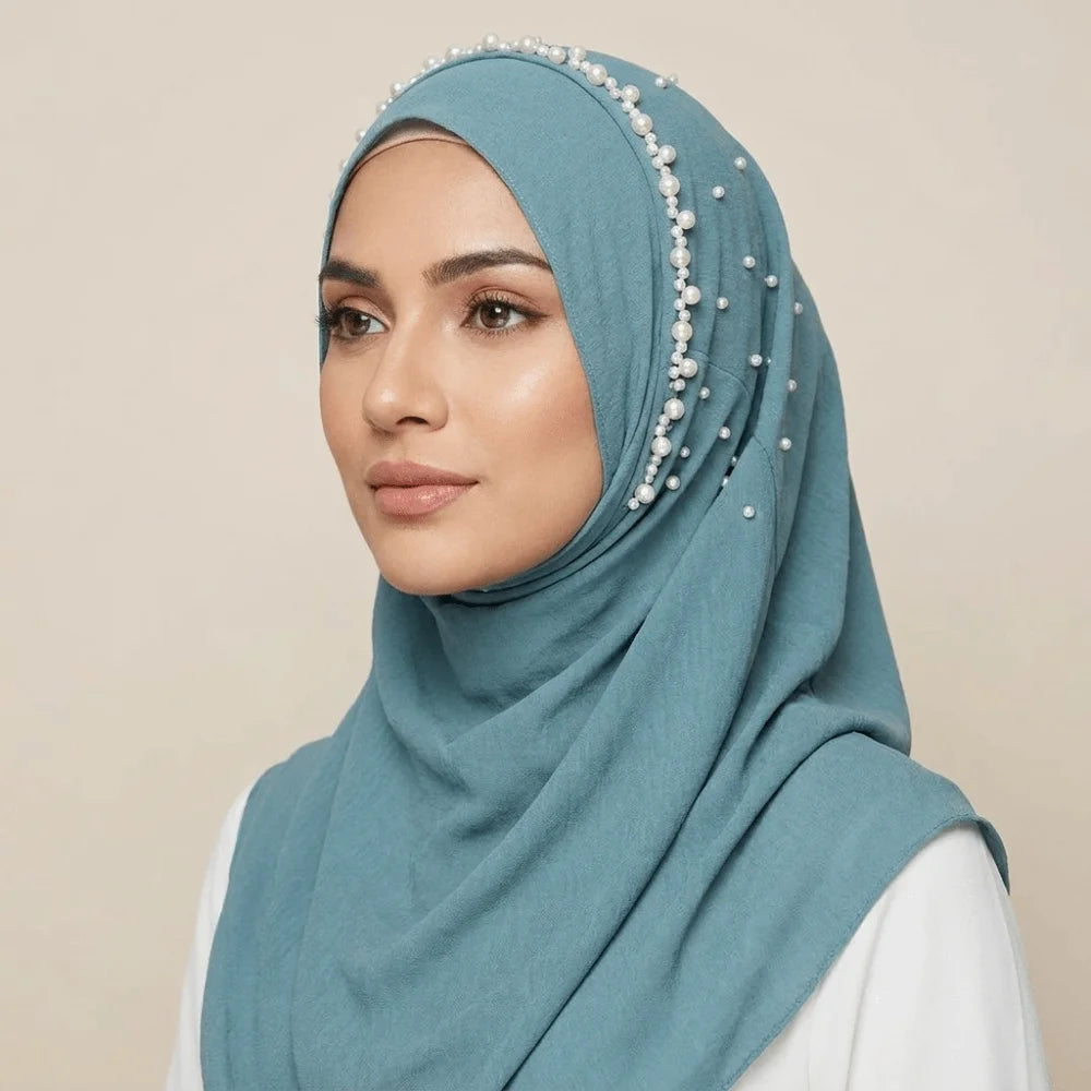 Cute Solid Color Beads Hijab Pull On Style Quick Drying Hijab Scarf Shawls Breathable Sun Protection Headscarf Summer Qme