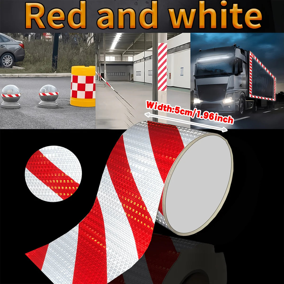 Reflective Safety Warning Tape Self-Adhesive Waterproof Diagonal Night Safety Anti-Collision Strip Trucks Trailers Bicycle Qme Red and white 15m 15cm