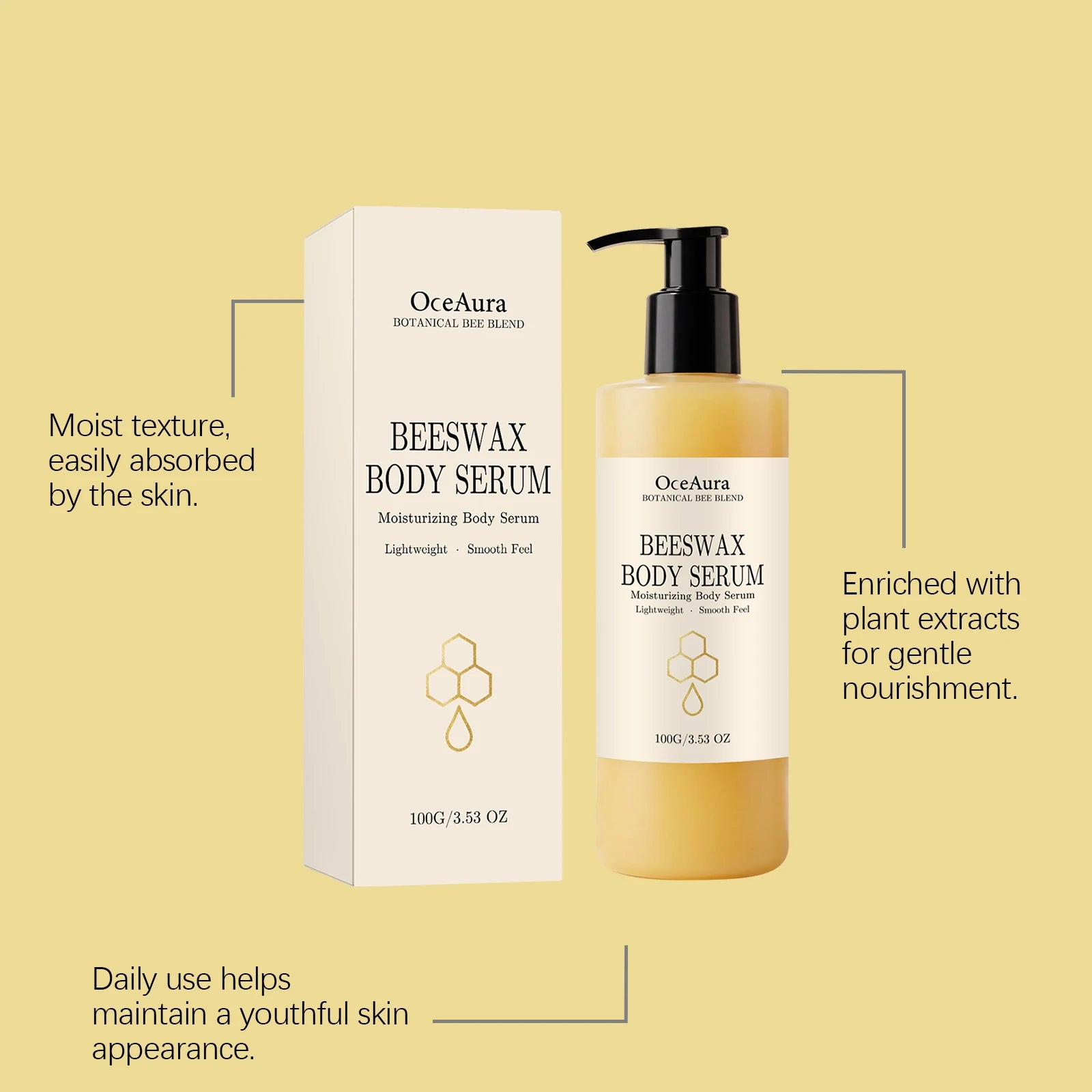 OceAura Beeswax Body Serum Botanical Plant Extract Nourishing Deep Hydration Skin Elasticity Boosting Lightweight Smoothing Body Qme