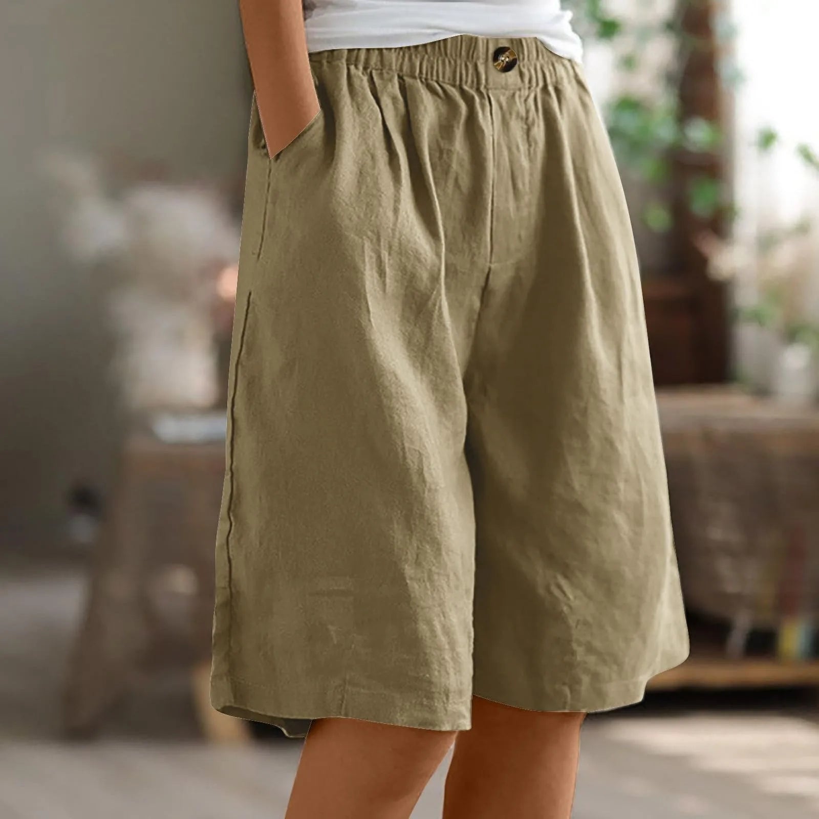 Female Fashion Solid Color Elastic High Waist Pocket Button Up Loose Cotton Linen Five Length Shorts Summer Soft Comfort Pants Qme Camel S