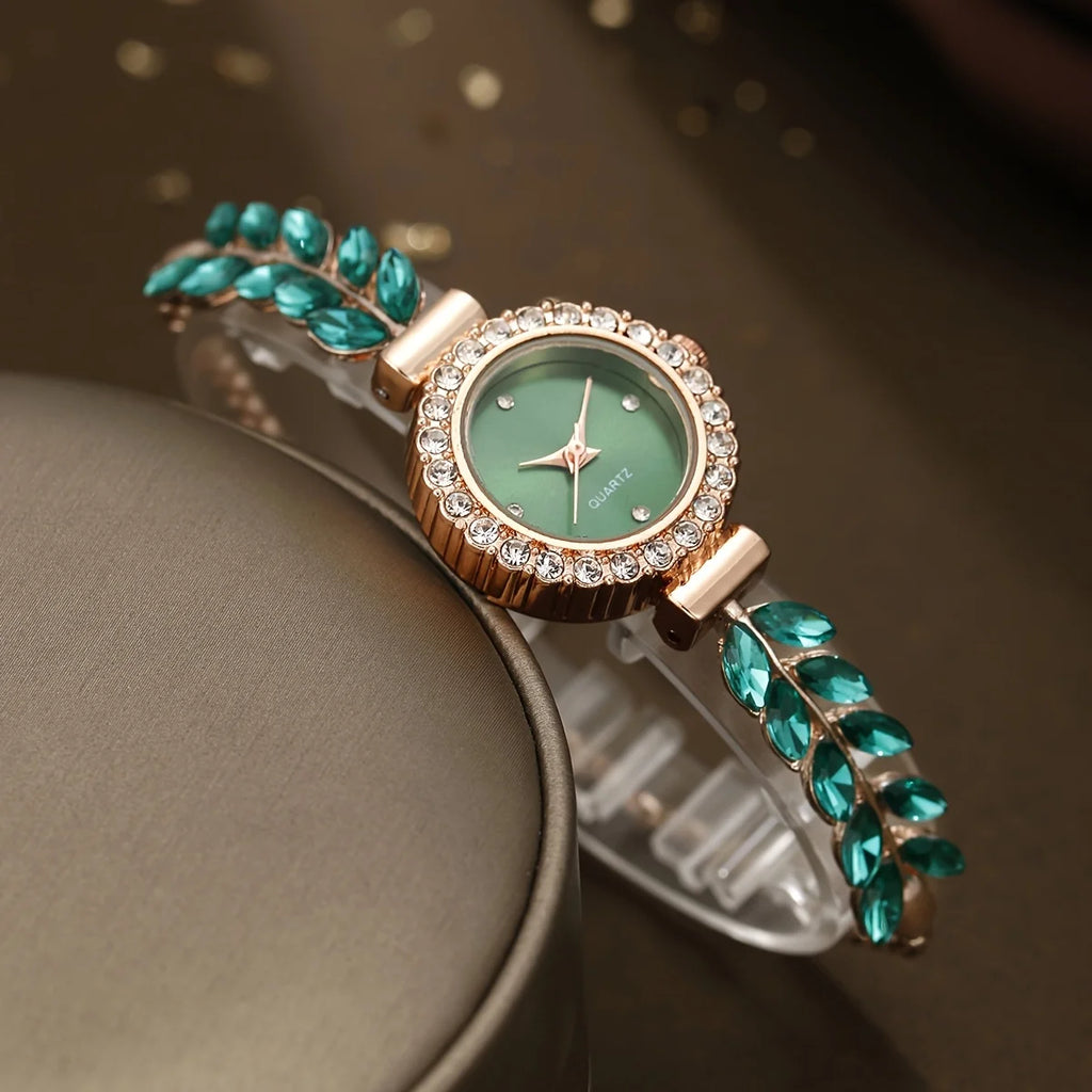 20261/4PCS Elegant Women's Wristwatch Set Fashion Rhinestone Bracelet Band Ladies Quartz Watches Reloj Mujer（Without Box） Qme 1PC Green No Box