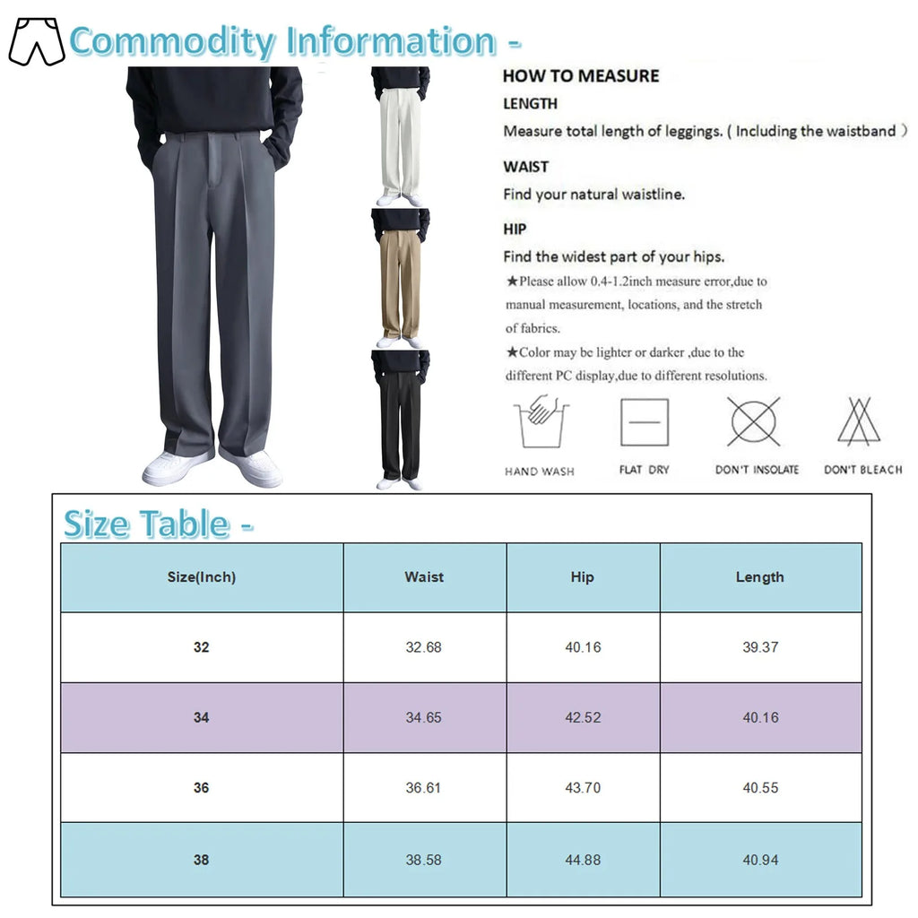 Men's Business Casual Fashion Loose Solid Color Drape Straight Trousers Classic Commuting Simple And Versatile Pocket Long Pants Qme