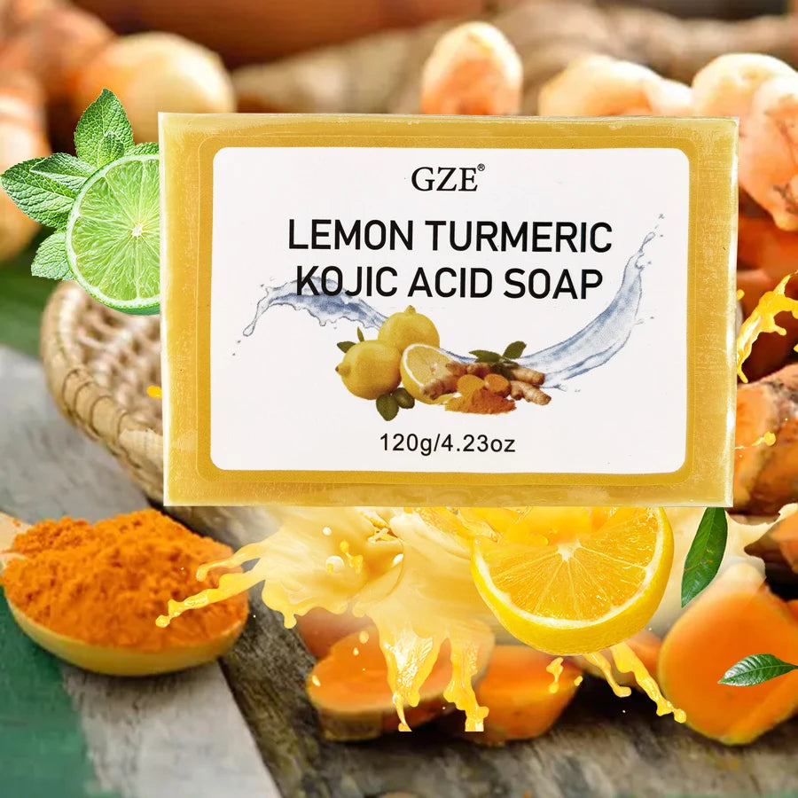 GZE Body Restore Lemon Turmeric Kojic Acid Soap, with Shea Butter, For Face Dark Spots, Body, Rejuvenating, Exfoliating Qme