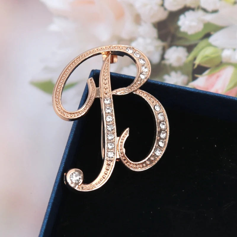 Fashion Women Rhinestone Brooch A-z English Letter Gold Metal Pins Qme B