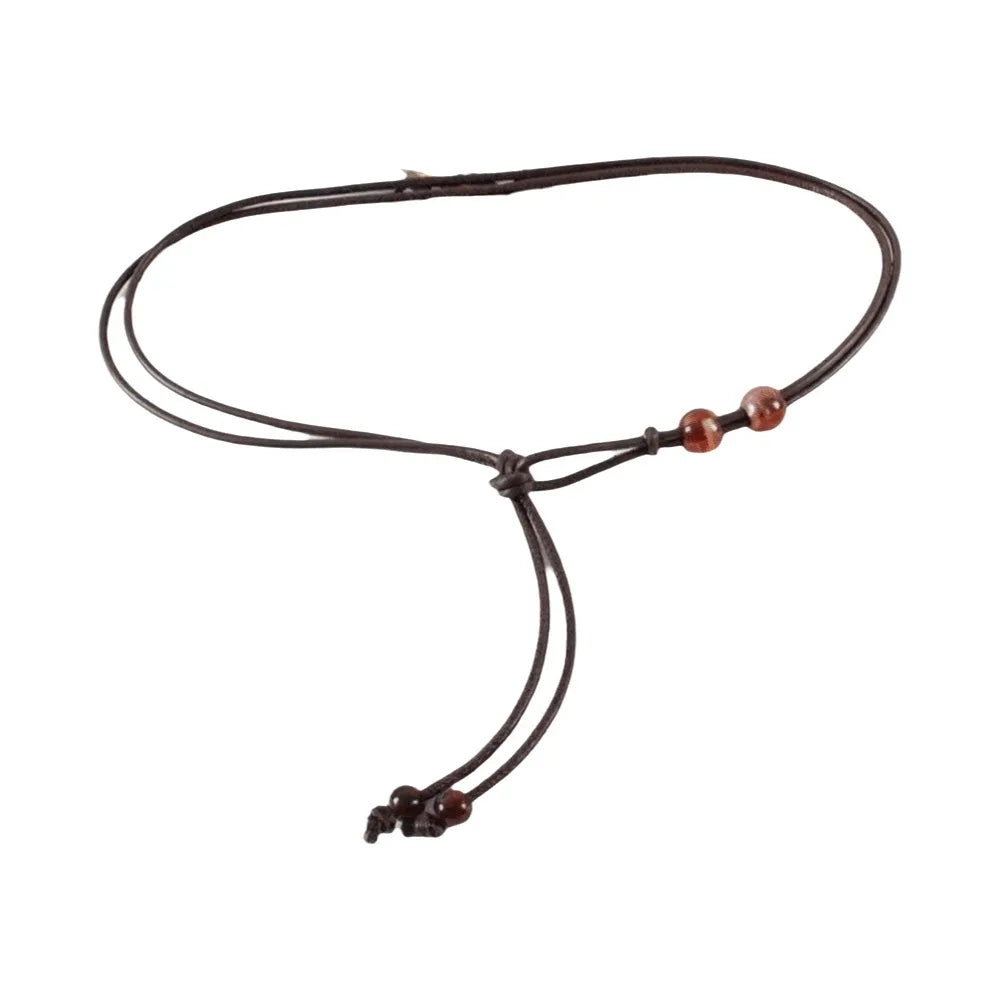 Retro Slim Rope Waist Chain Adjustable Bead Leather Waistband Chinese Qme Coffee