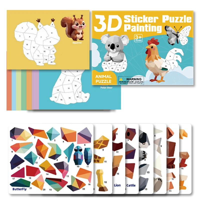 New 3D Puzzle Stickers Number Matching Puzzle Sticker Creative DIY Puzzle Sticker Painting Set (8 Patterns) Child Focus Training Qme Land Animals