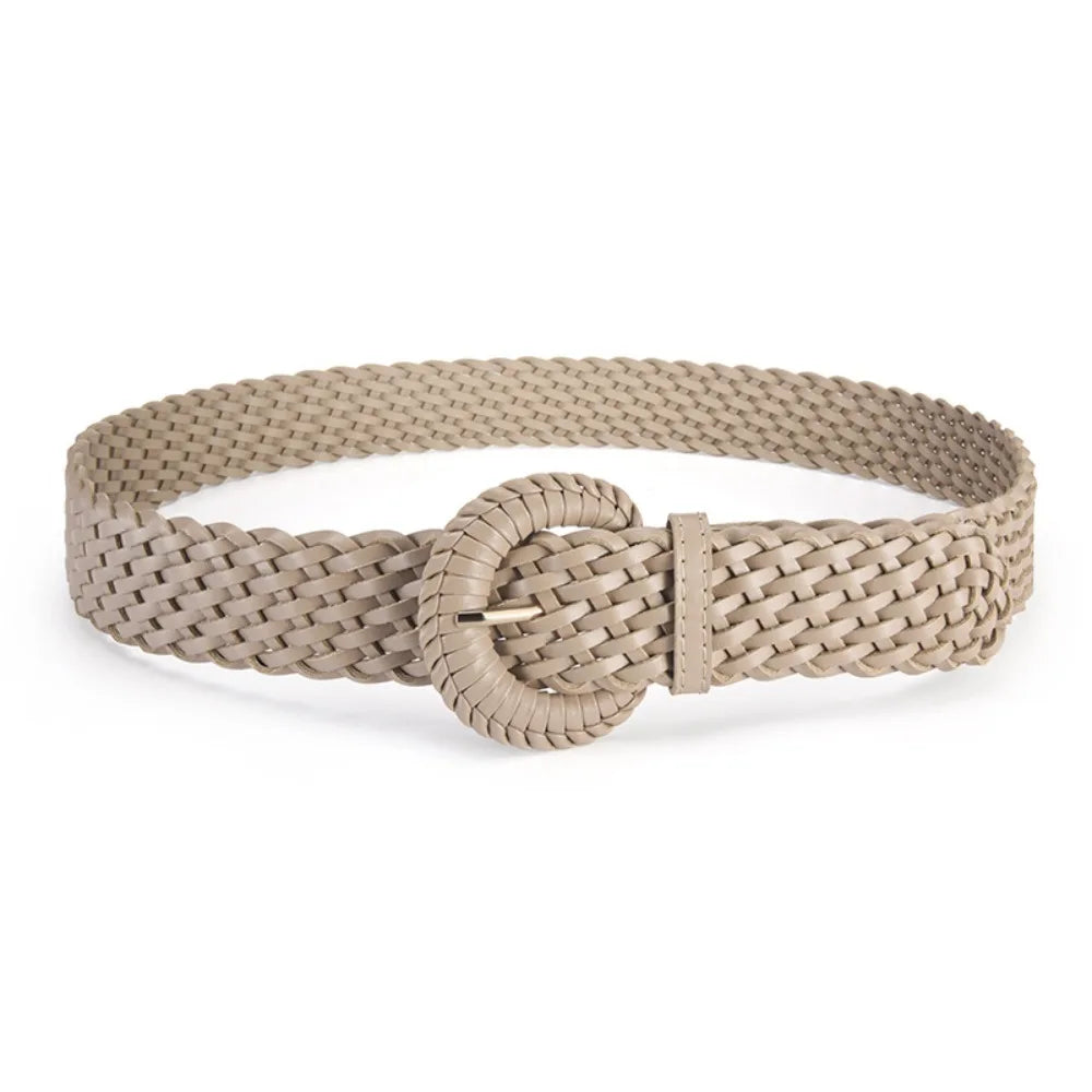 Personality Woven Weave Belt Hollow Out Round Retro Belt Wide PU Leather Bohemian Style Waistband Women Qme Khaki 70cm
