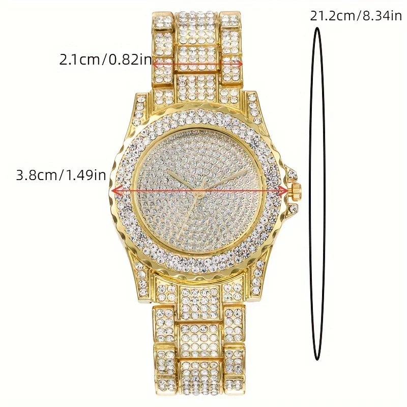 3pcs/set, Men's Rhinestone Wrist Watch & Necklace Bracelet Set, Couple Watch Gift Qme