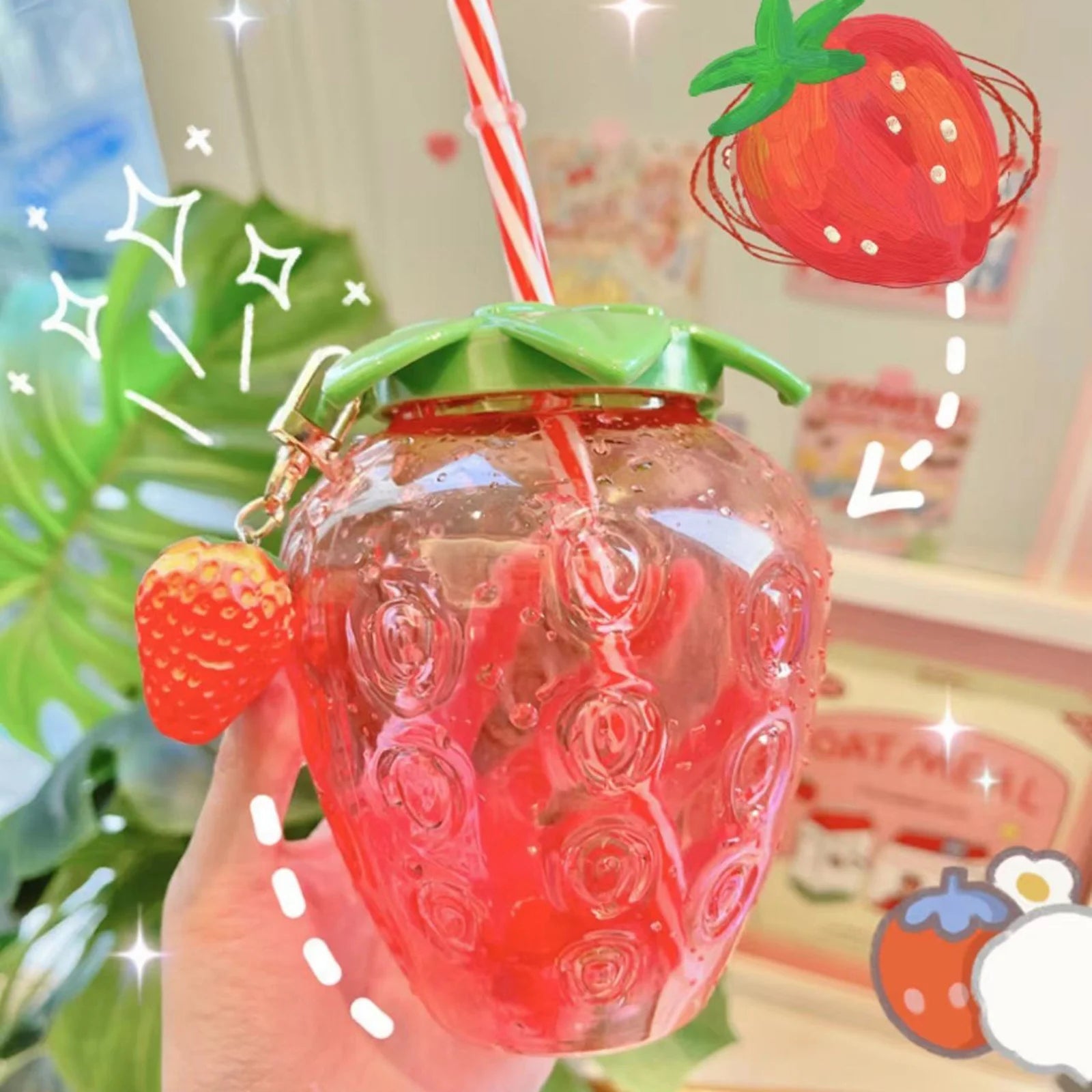 Plastic Strawberry Straw Casual Milk Tea Cup Office School Portable Water Bottle Creative Holiday Gift (Cannot Put Hot Water) Qme