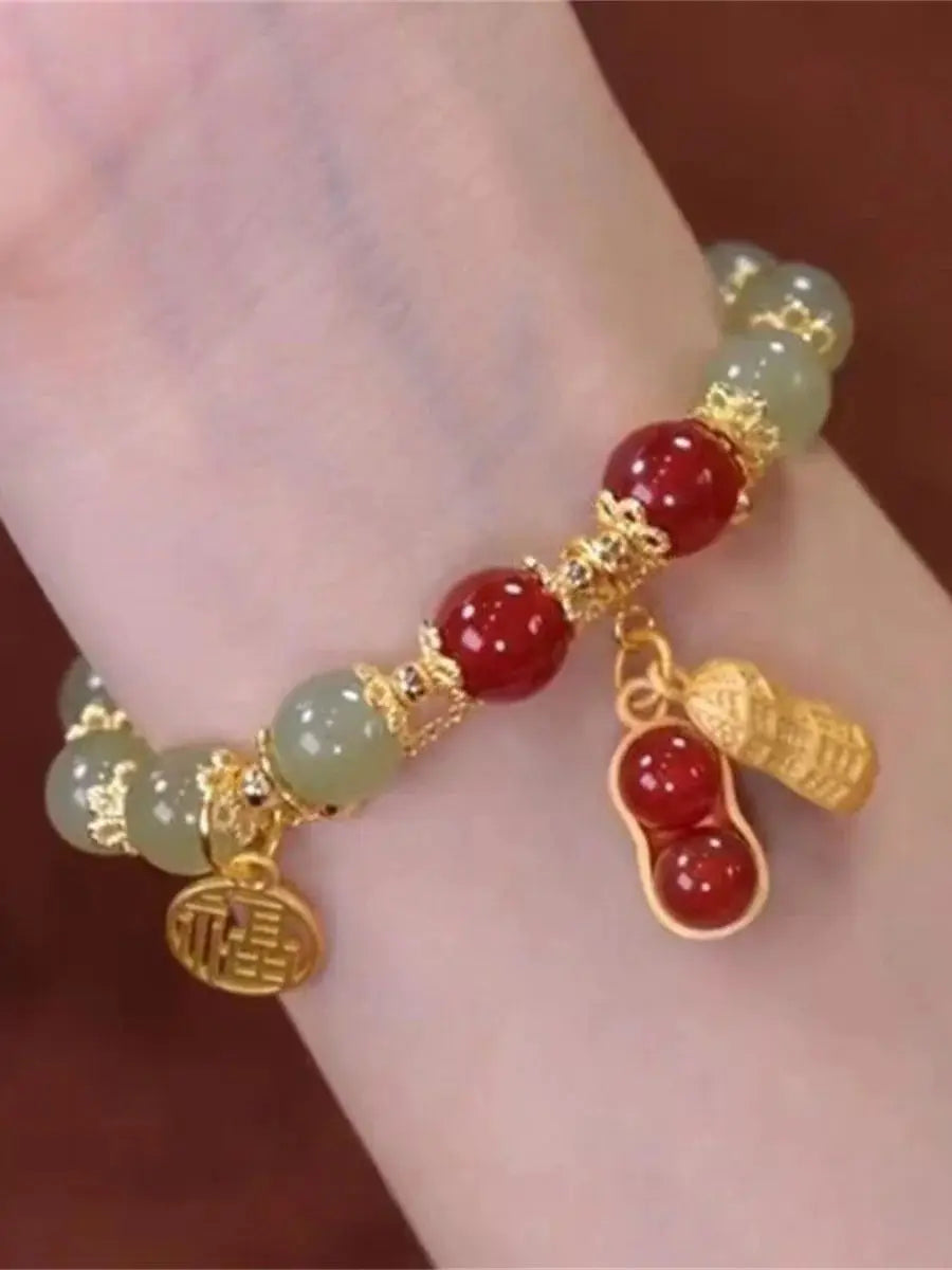 b05 Chinese Style Green Hetian Jade Bracelet For Women Vintage Gold Color Leaves Double Layer Beaded Bracelet Jewelry Gifts Qme