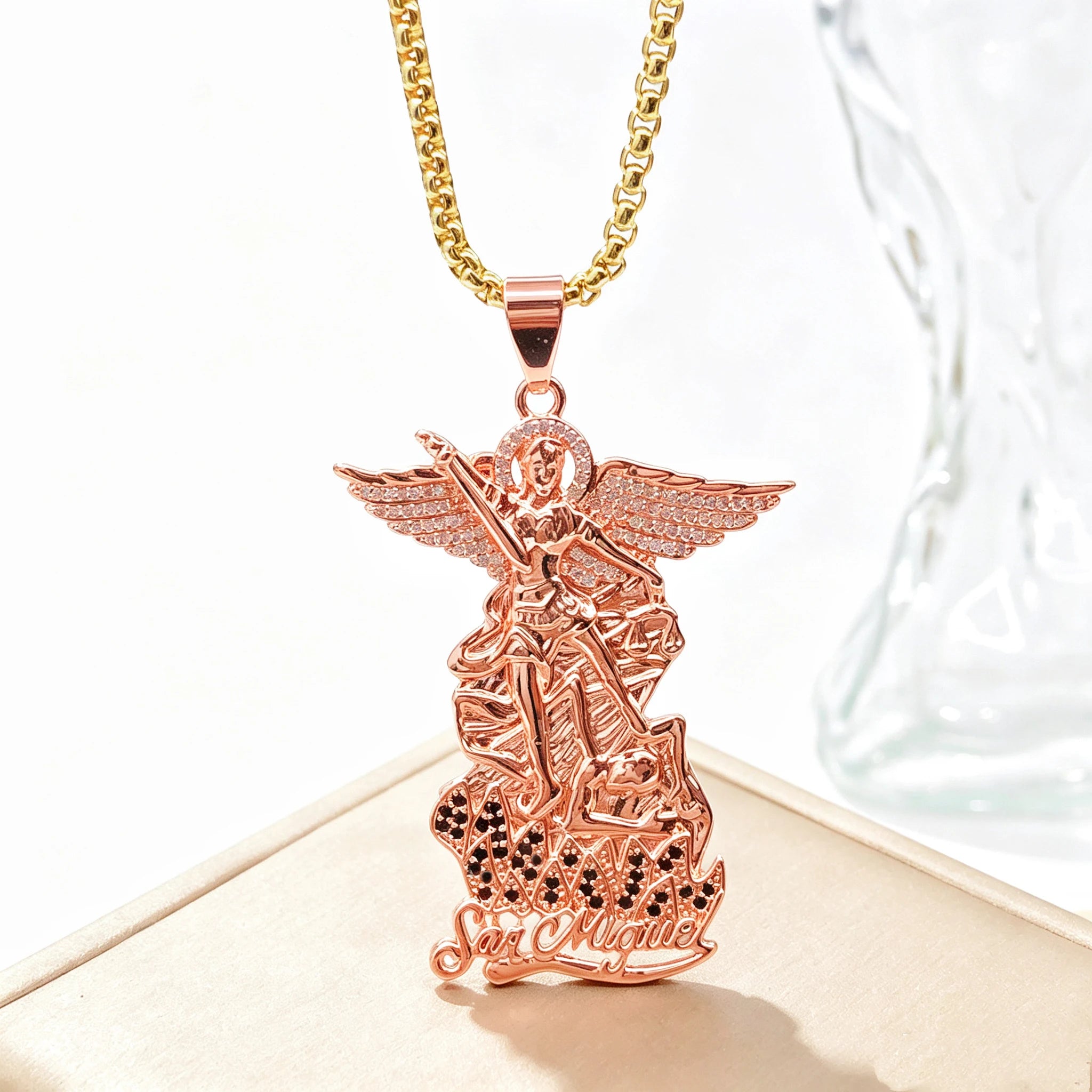 New Design 45/60cm San Miguel Archangel Stainless Steel Necklace Gold/Rose Gold Plated Zirconia For Men Women Jewelry Choker Qme 3 45cm