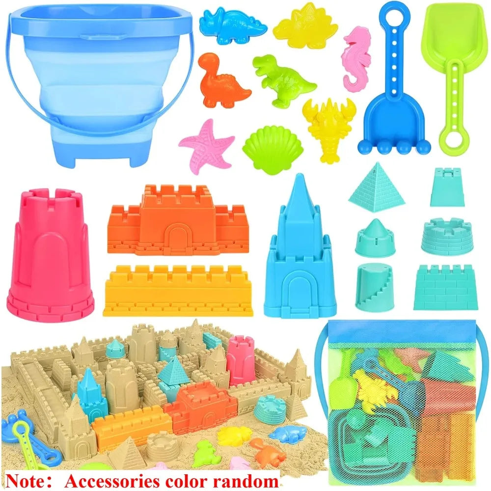 Beach Sand Toys for Kids Beach Toys Set with Ice Cream Cake Sand Molds Mesh Beach Bag Shovel Rake for Toddler Sandbox Outdoor Qme 22pcs Blue castle