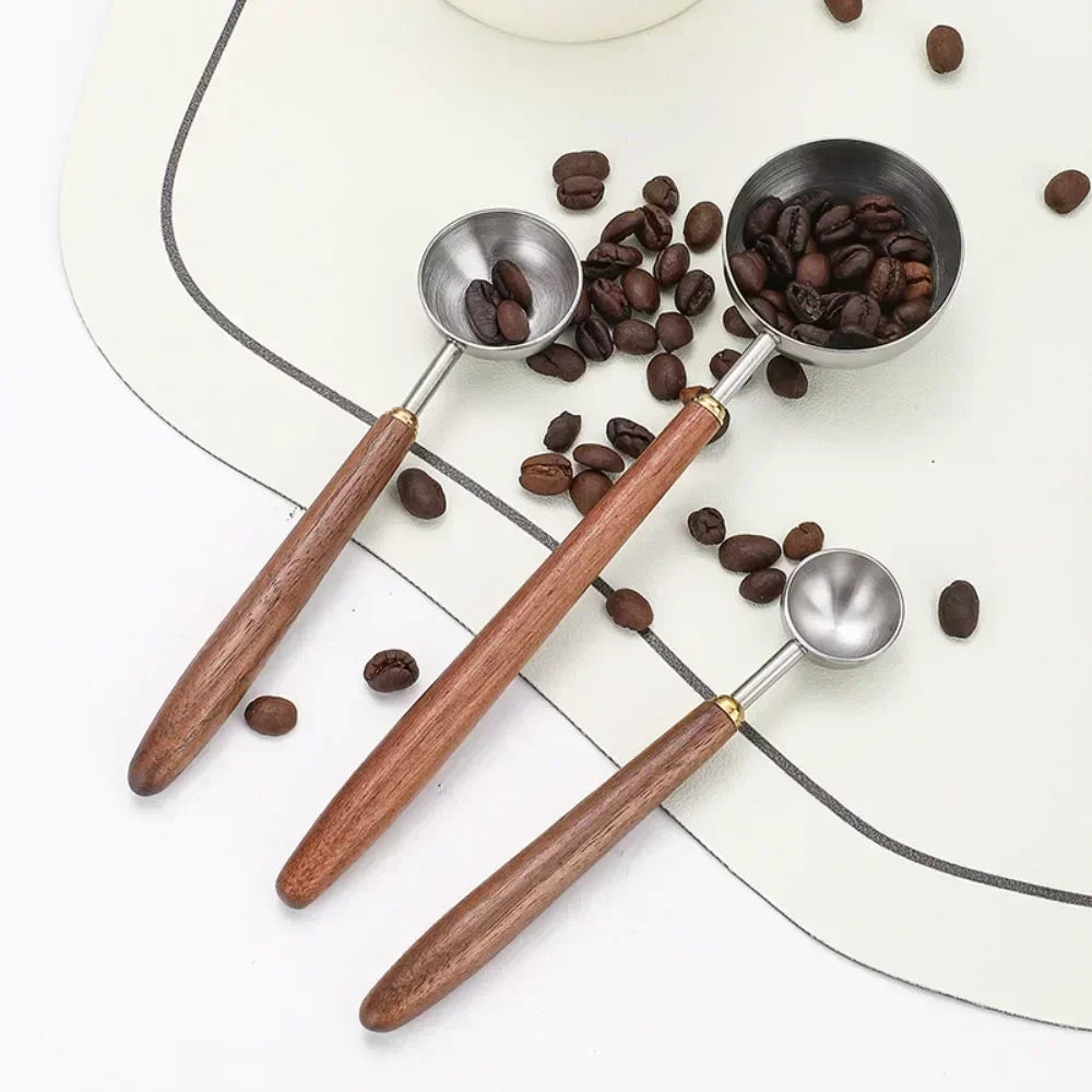 Stainless Steel Coffee Bean Measuring Spoon Wooden Handle Scoop Qme
