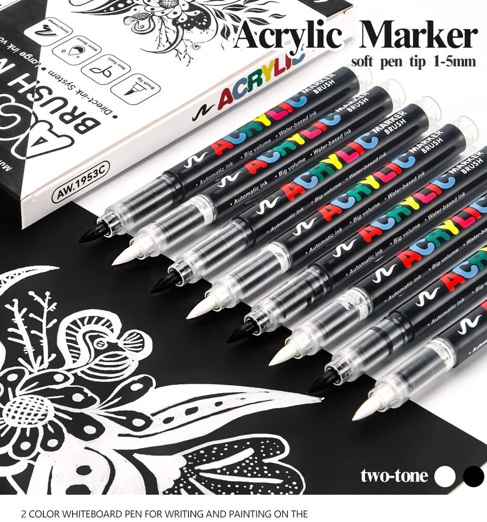 12Pcs Black/White Premium Highlight Acrylic Marker Pen, Quickly Dry, Waterproof, for Art Drawing DIY Crafts Making Art Supplies Qme