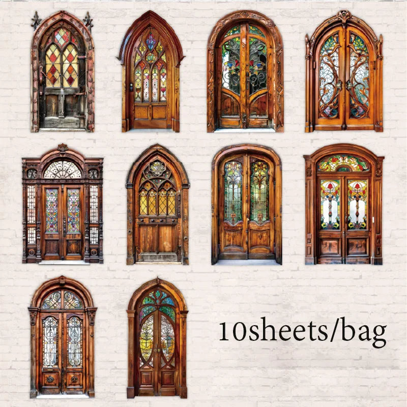 Vintage Door Frame Sticker Pack 10 Sheets/Bag Scrapbook Stationery DIY Journal Phone Case Notebook Decoration Qme 2