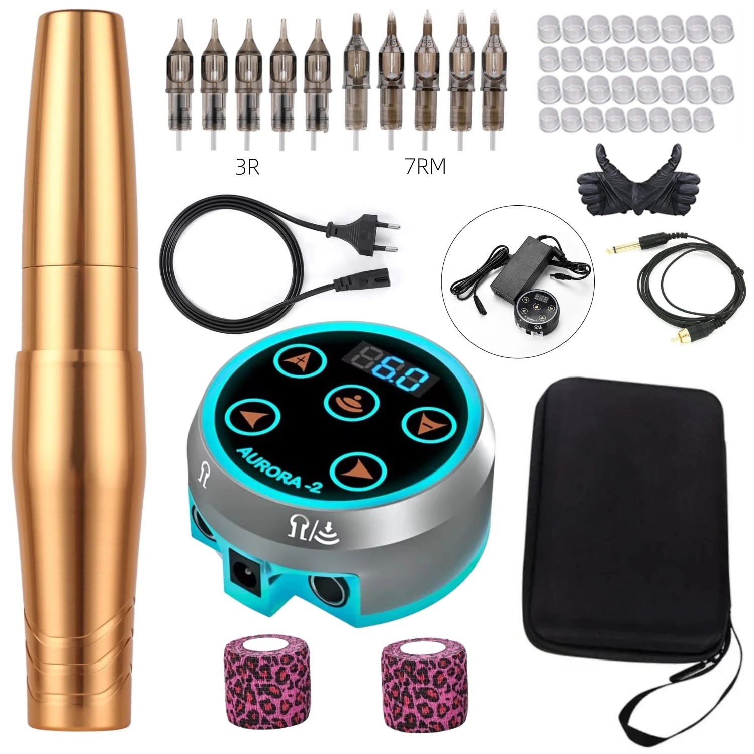 Permanent Makeup Pen Kit Set with AURORA Colorful Tattoo Power Supply PMU Tattoo Equipment for Beauty Enthusiasts Qme Gold Kit 2