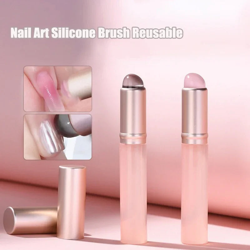 Jelly Pink Nail Art Silicone Brush Reusable Mirror Powder Pigment Applying Manicure Tool Soft Q-elastic Smudge Nail Brush Stick Qme