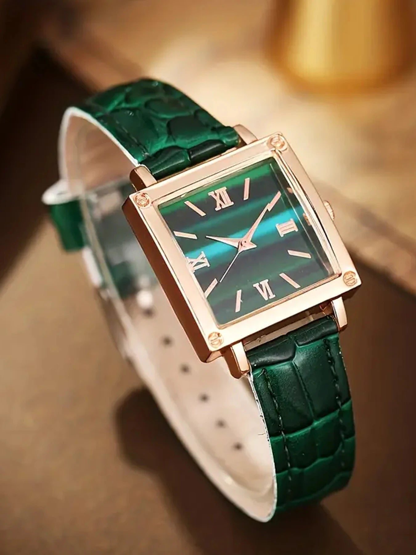 5-piece trendy leather women's watch square Korean fashion rhinestone block set Qme