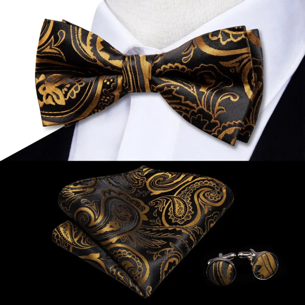 Beige Champagne Gold Mens Bow Tie Hanky Cufflinks Set Jacquard Floral Pre Tied Butterfly Bowtie for Male Wedding silk Business Qme LDLH0568