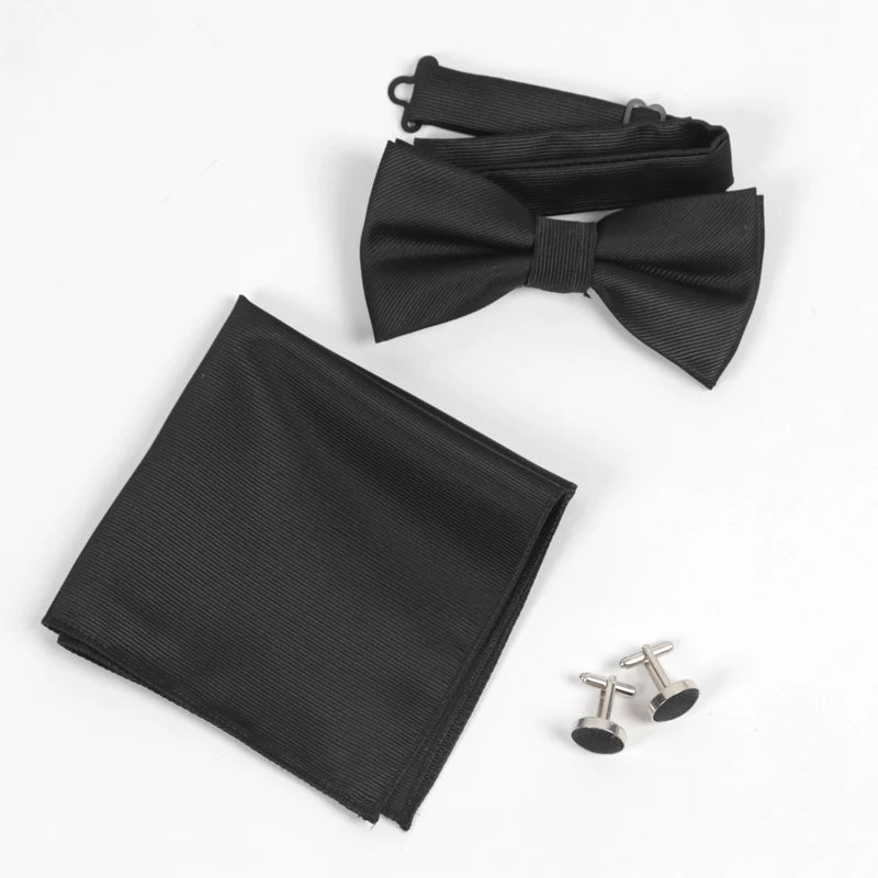 Men's Solid Bow Tie Sets Including Exquisite Cufflinks Soft Qme black