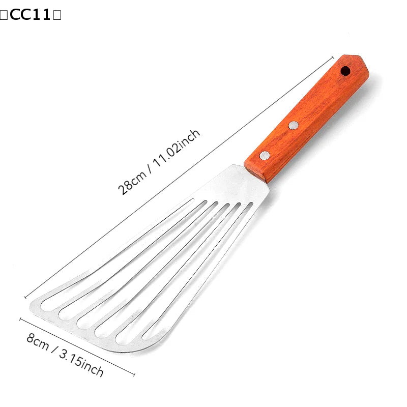 Stainless Steel Fish Frying Shovel Wooden Handle Fan-shaped Household Qme