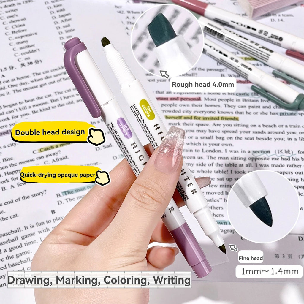 Double Tips Highlighters, Assorted Fluorescent, 5 Count - Quick Dry, Perfect For Studying, DIY Note-Taking, Supplies Qme