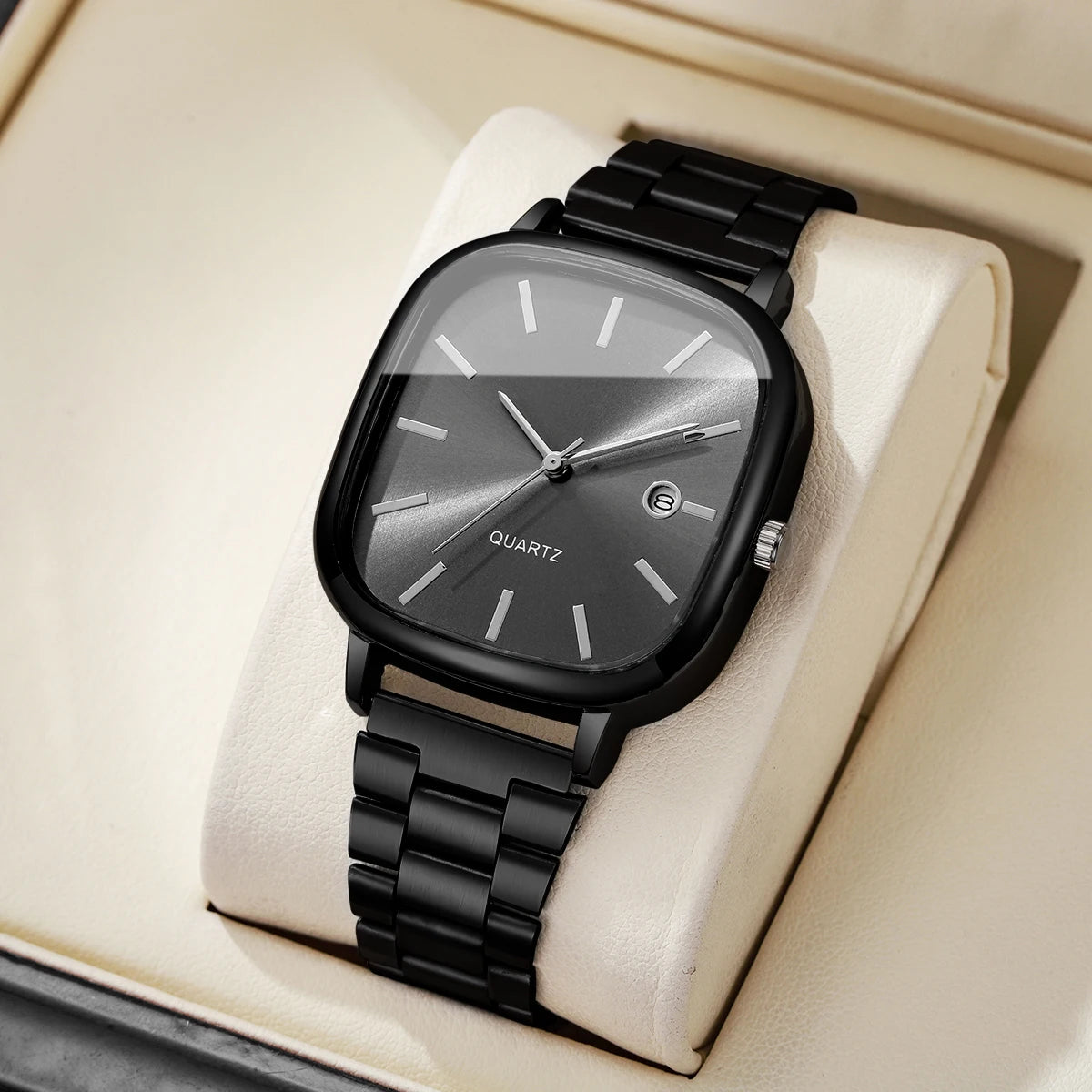 Steel strap watch, retro silver square watch, calendar, high-end feel, men's and women's commuting watch Qme Black Black No Box