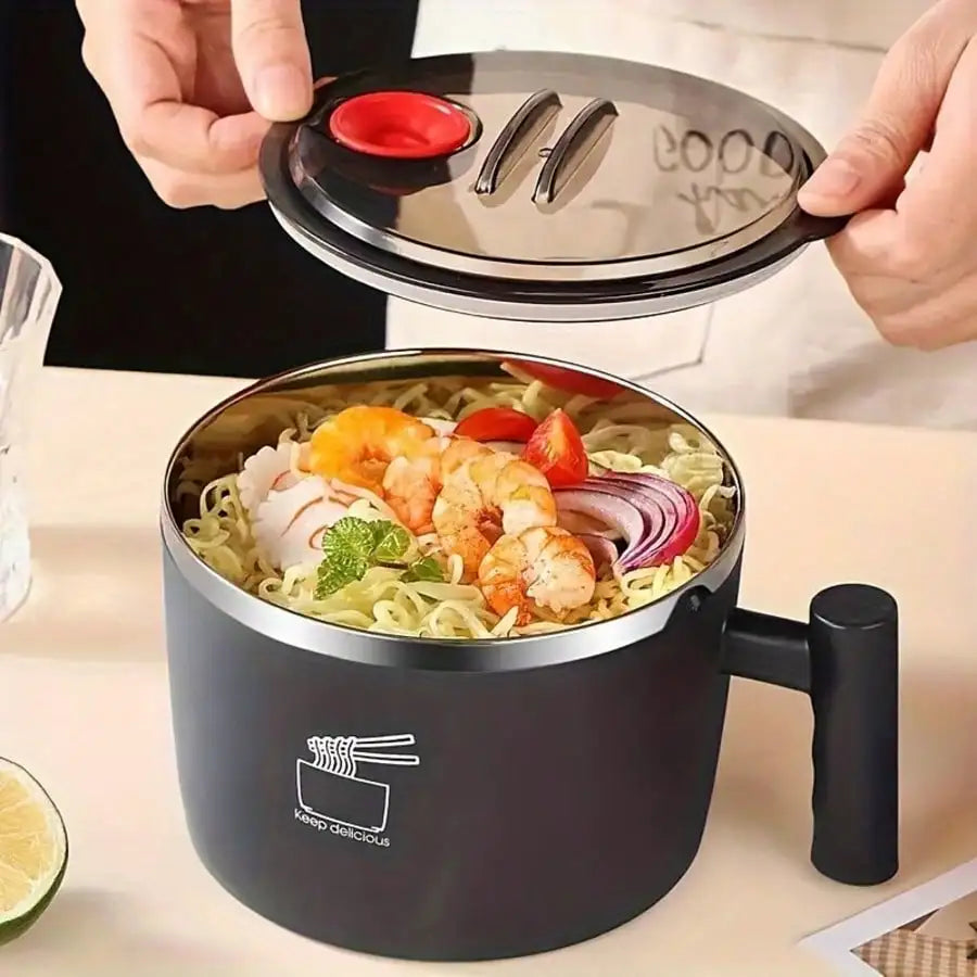Stainless Steel Heat Preservation Bowl Instant Noodle Cover Lunch Box Qme black