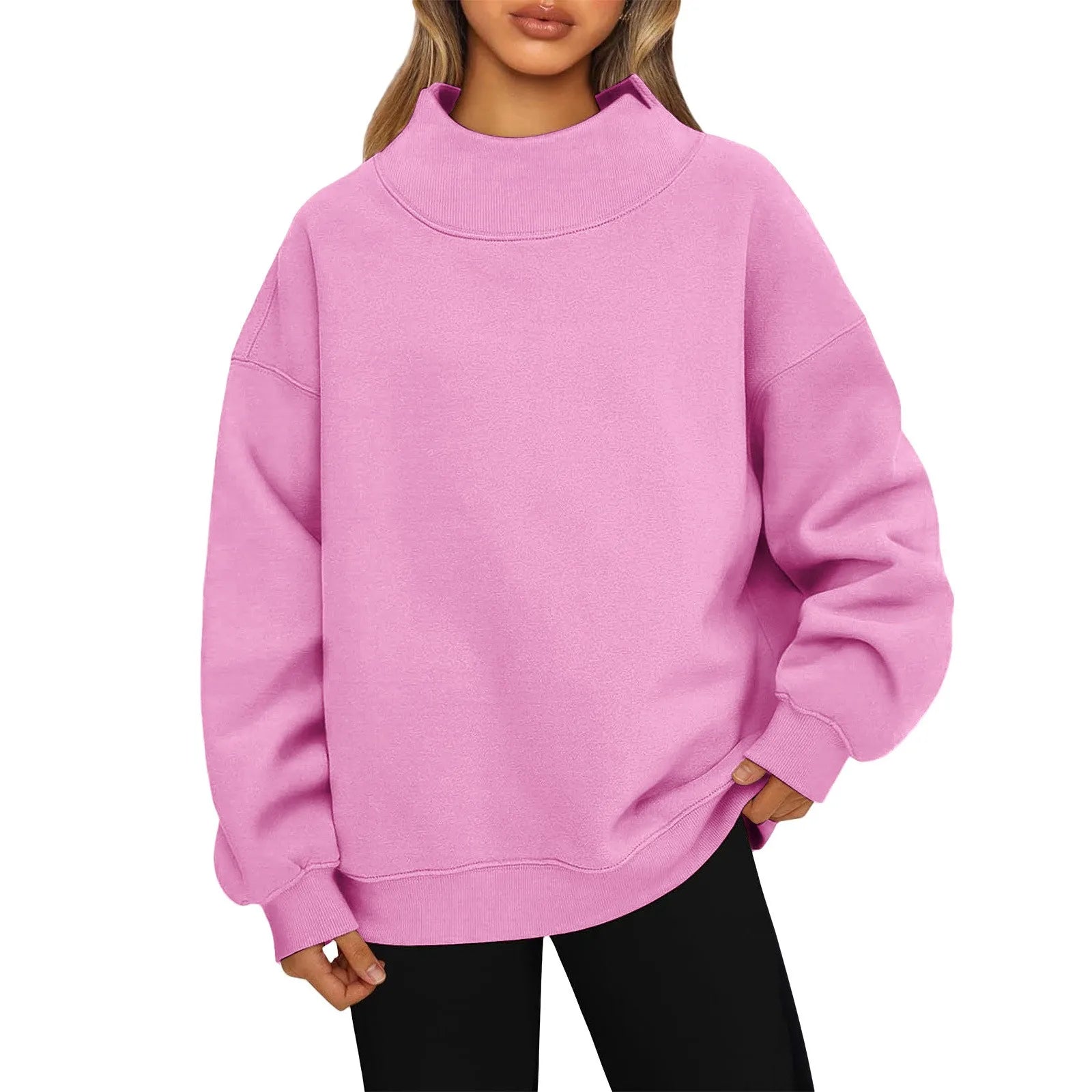 Fashionable Loose High Neck Long Sleeved Solid Color Hoodie for Lady Lazy Style Basic Casual Commuted Pullover Top Qme Pink M