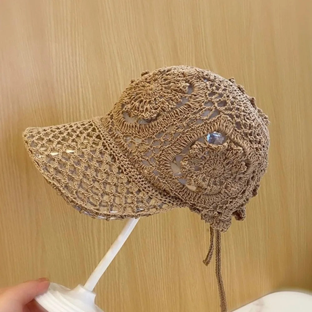 Versatile Adjustable Crochet Baseball Cap Floral Lace Openwork Sun Qme Camel