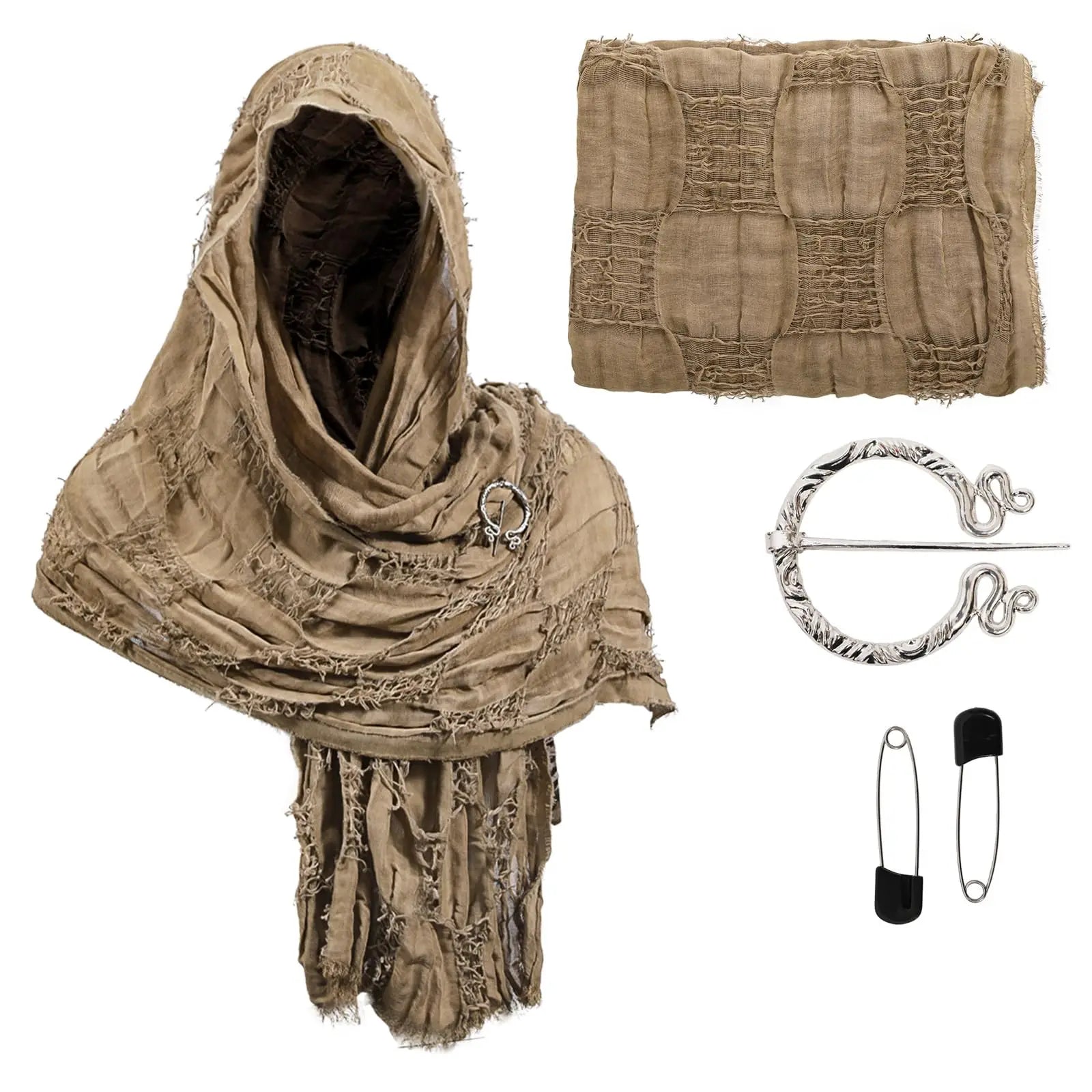 Adult Medieval Hooded Shawl Renaissance Cowl Hood Wasteland Desert Scarf Brooch Paperclip Viking Half Cape Dune Costume Qme Khaki One Size