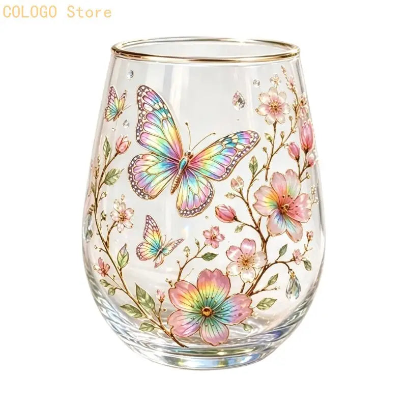Rounded Clear Glass Cup Meal Service Stemless Beverage Juice Water Qme colorful butterfly CN