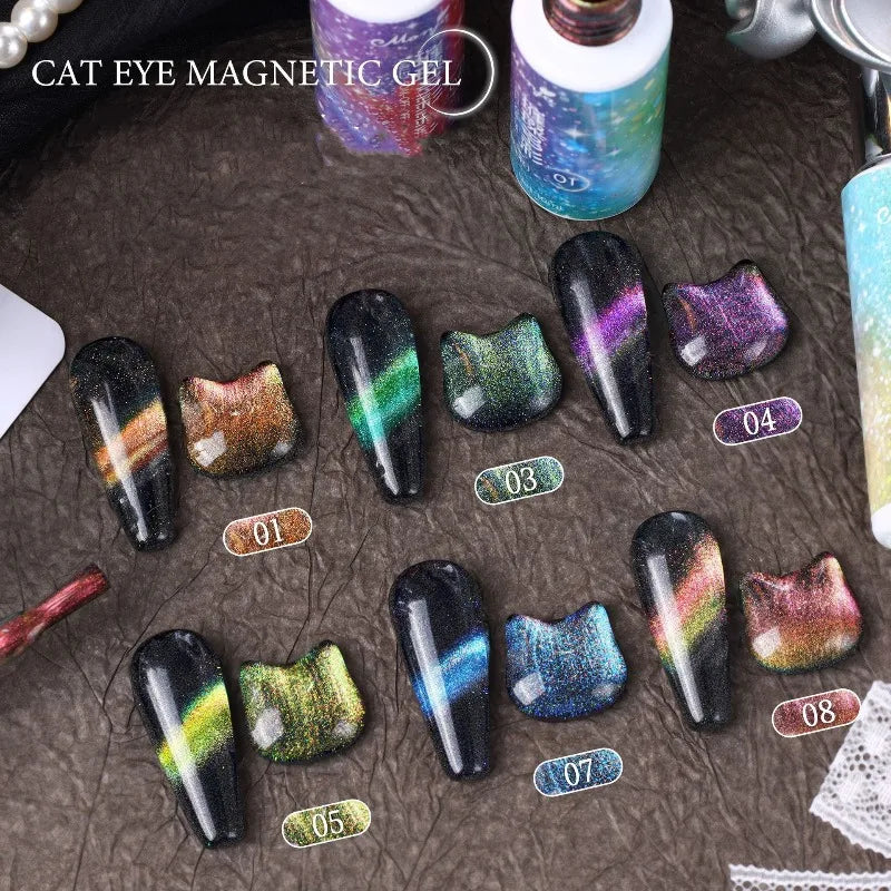 Dual-Color Rainbow Cat Eye Gel Nail Polish, 10ml Magnetic Glitter Gel for Glass Bead Effect, Shimmering Crystal Nail Art Polish Qme
