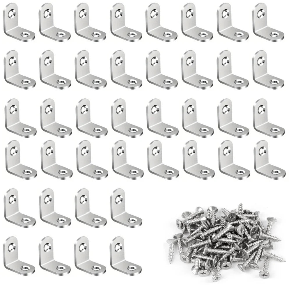 100-10PCS Stainless Steel L-shaped Corner Bracket 90 Degree Furniture Layer Board Fixed Connection Angle Bracket with Screws Qme Silver 40pcs